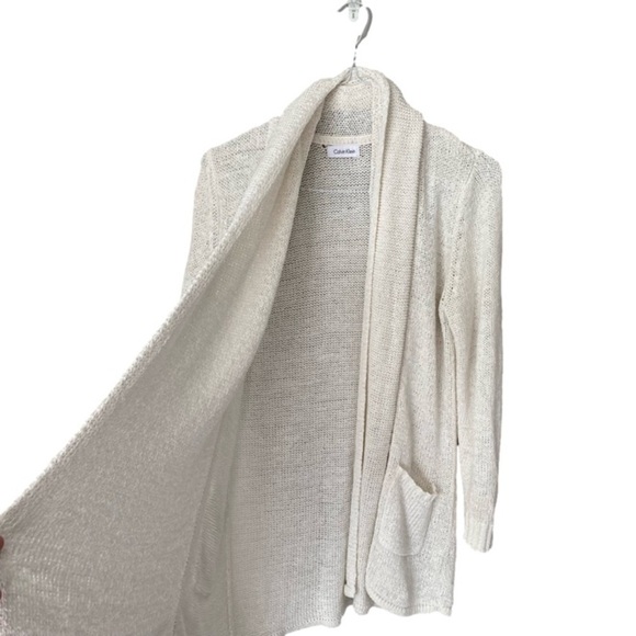 CALVIN KLEIN Cardigan Drape Open Front Pockets Creamy White Knit Women - Picture 2 of 11